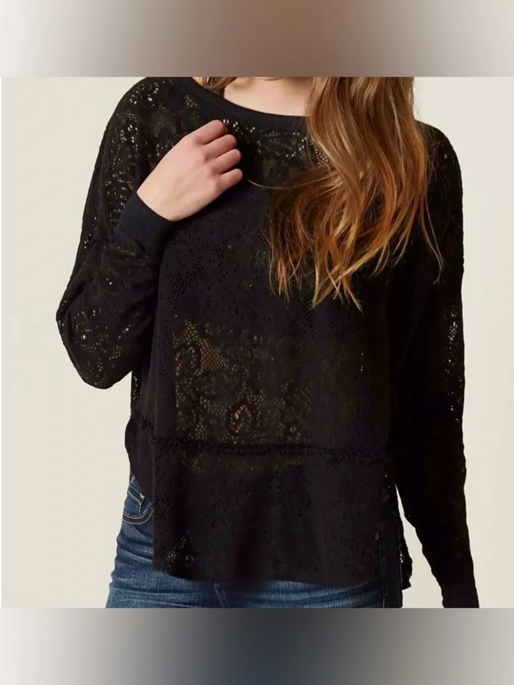 Free People Not Cold in This Sweater Black Crochet Lace Pullover, XSmall